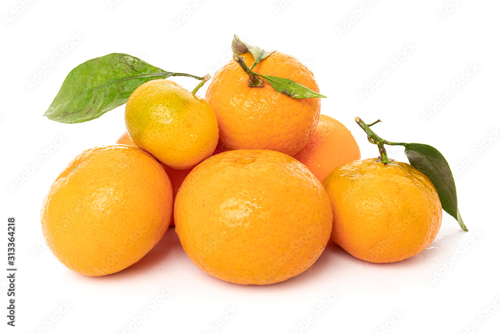 Tangerines with leaves on a white background Tangerines with leaves on a white background