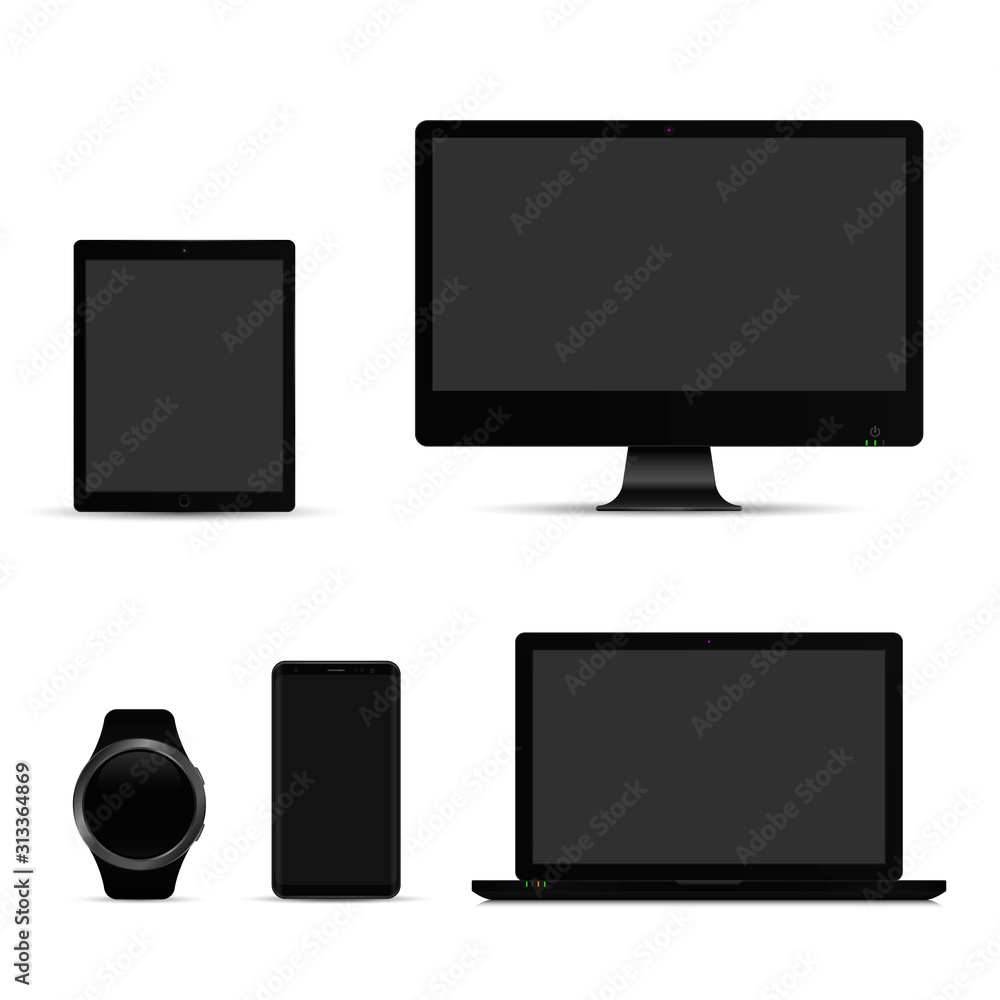 Set of realistic computer monitor, laptop, tablet and mobile phone, smart watch with empty screen. on white background. Vector Set of realistic computer monitor, laptop, tablet and mobile phone, smart watch with empty screen. on white background. Vector