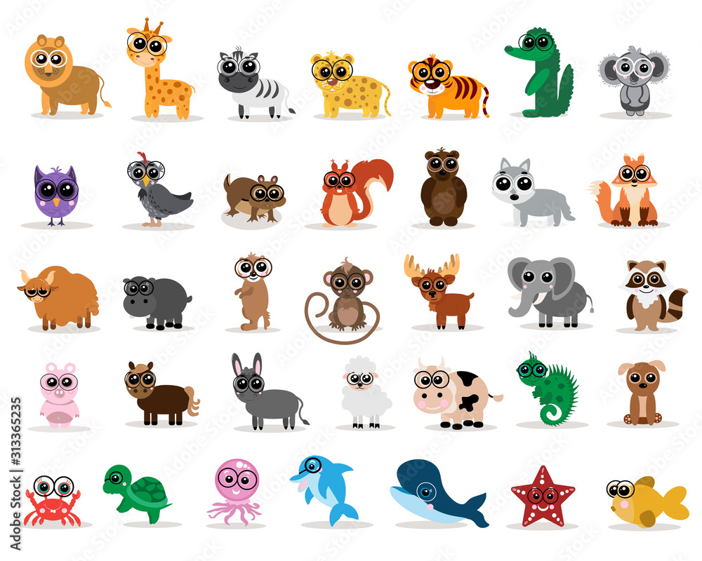 Obraz premium A set of domestic, wild and marine animals will help you decorate the book, make stickers or badges.