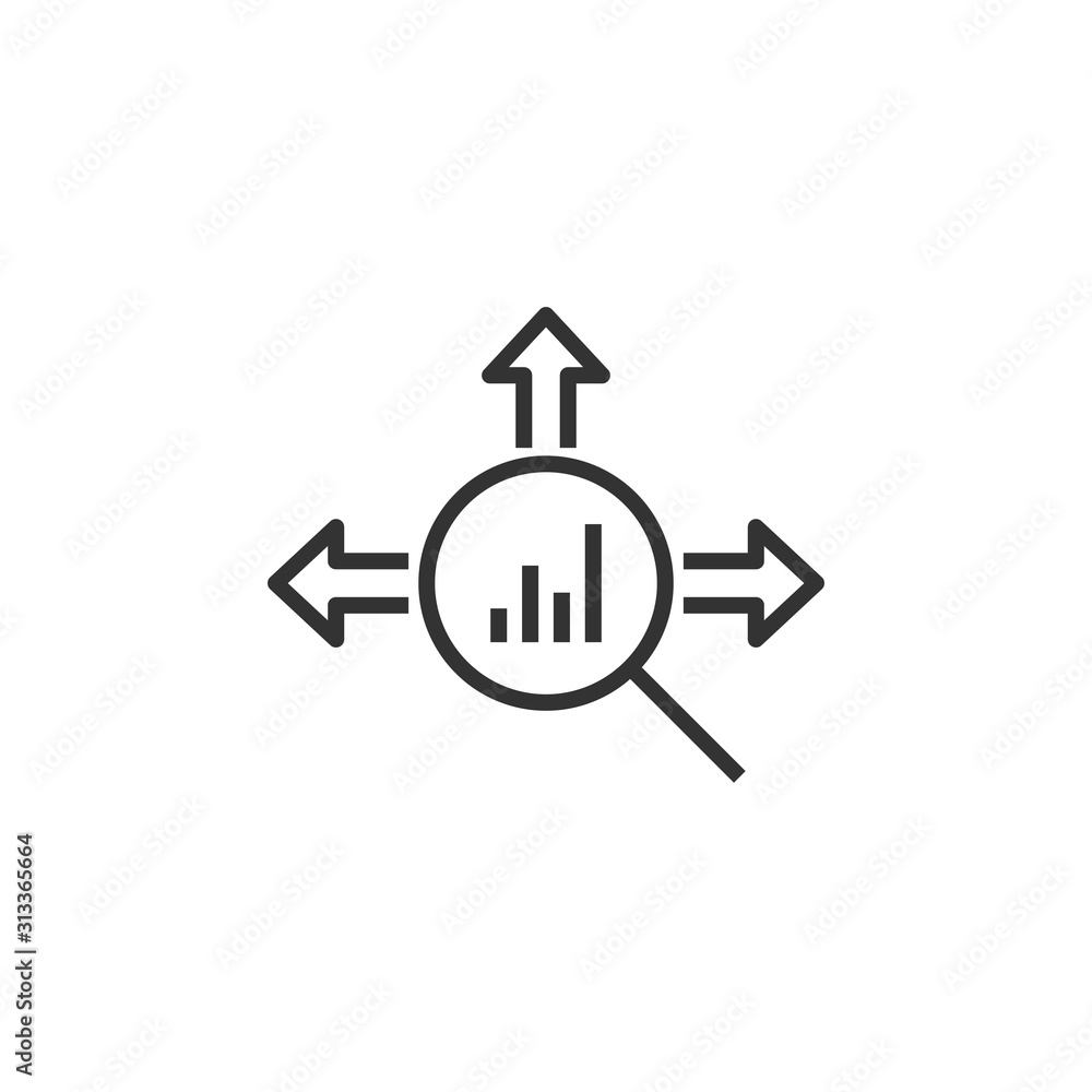 Market trend icon in flat style. Growth arrow with magnifier vector illustration on white isolated background. Increase business concept. Market trend icon in flat style. Growth arrow with magnifier vector illustration on white isolated background. Increase business concept.