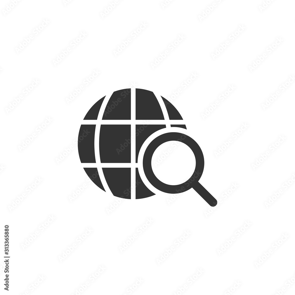 Globe search icon in flat style. Network navigation vector illustration on white isolated background. Global geography loupe business concept. Globe search icon in flat style. Network navigation vector illustration on white isolated background. Global geography loupe business concept.