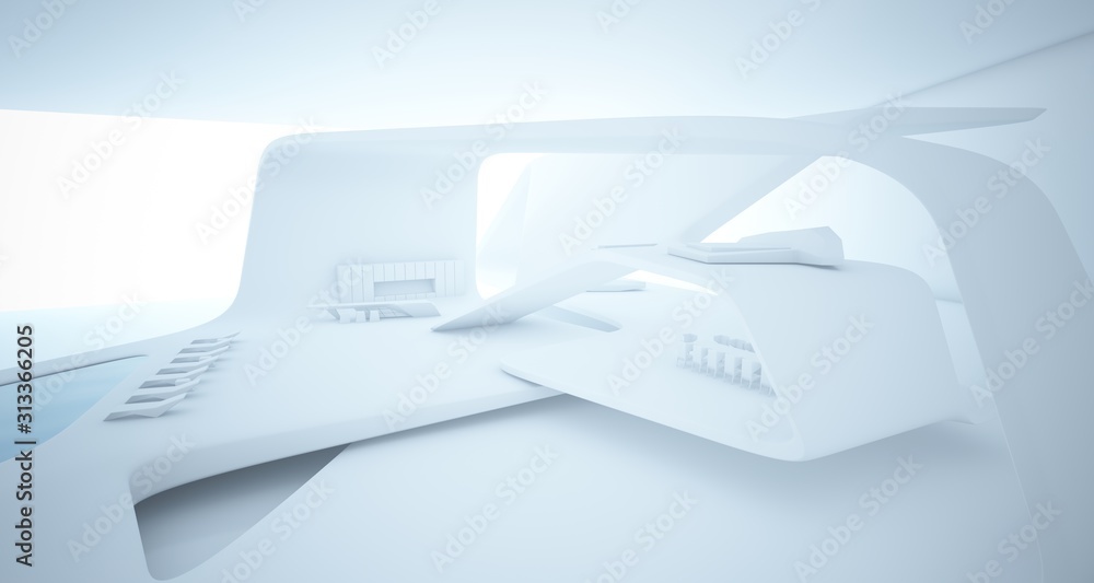 Abstract architectural smooth white interior of a minimalist house with swimming pool. 3D illustration and rendering. Abstract architectural smooth white interior of a minimalist house with swimming pool. 3D illustration and rendering.