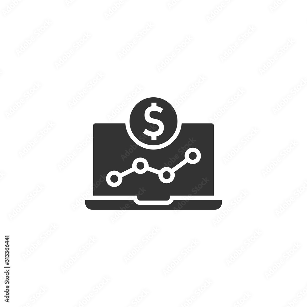Laptop computer chart icon in flat style. Money diagram vector illustration on white isolated background. Financial process business concept. Laptop computer chart icon in flat style. Money diagram vector illustration on white isolated background. Financial process business concept.