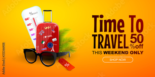 Travel and vacancy sale banner or discount coupon. Traveling bag with souvenirs sunglasses and tropical plants. Vector Illustration.