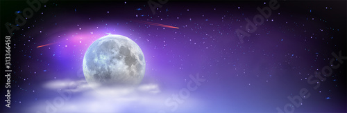 Beautiful wide picture of space with full moon hidden behind the clouds. Mystical night sky with stars comets and milky way. Vector illustration.