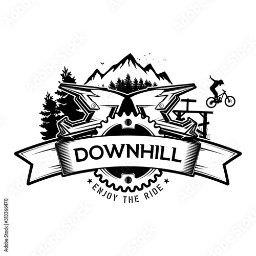 Downhill mountain biking. The emblem of the bicycle and the mountains. Concept for shirt or logo, print, stamp or tee. Vector illustration.