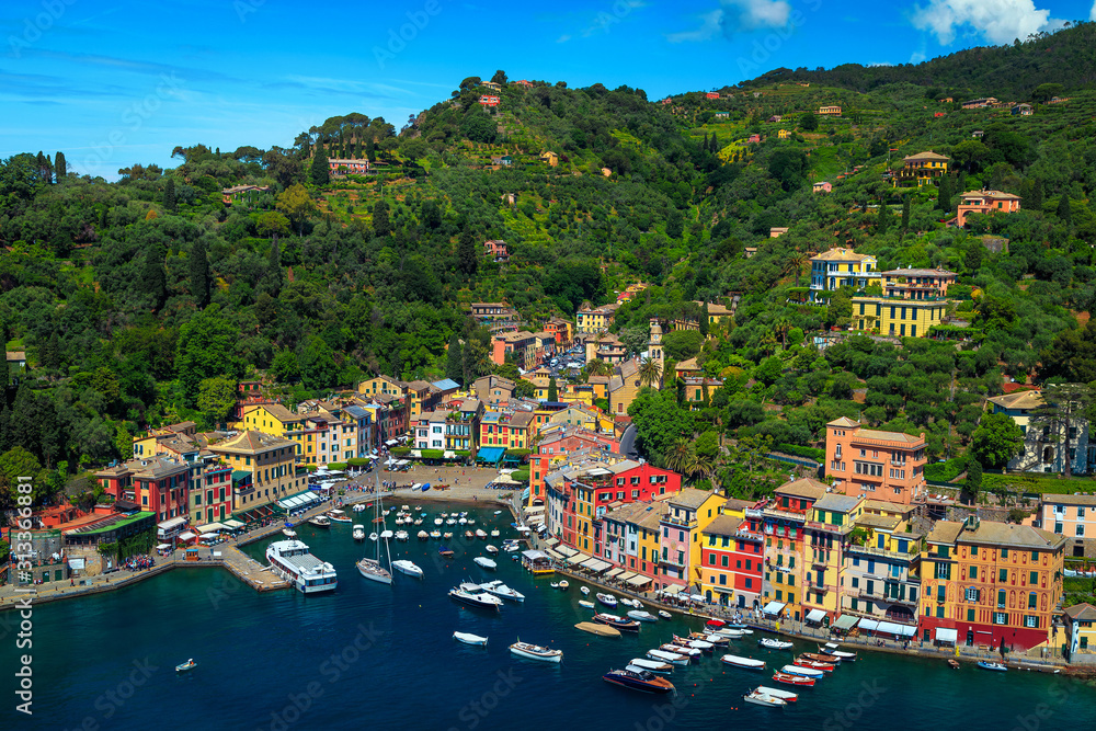 Wonderful Portofino panorama with colorful buildings and fantastic harbor, Italy
