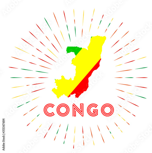 Congo sunburst badge. The country sign with map of Congo with Congolese flag. Colorful rays around the logo. Vector illustration.
