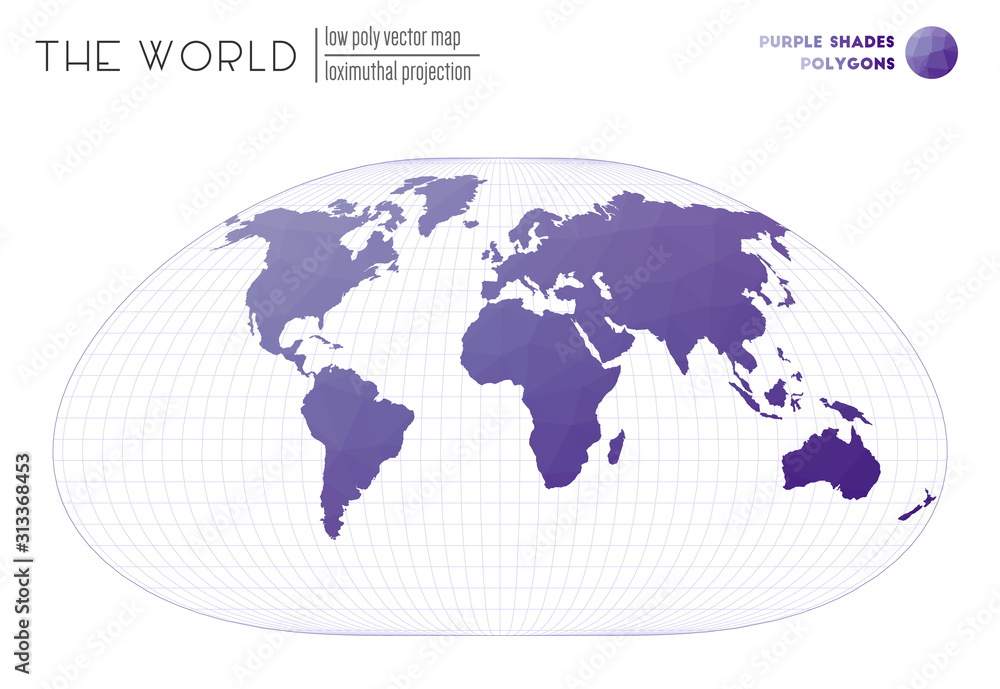 Polygonal world map. Loximuthal projection of the world. Purple shades colored polygons. Elegant vector illustration. Polygonal world map. Loximuthal projection of the world. Purple shades colored polygons. Elegant vector illustration.