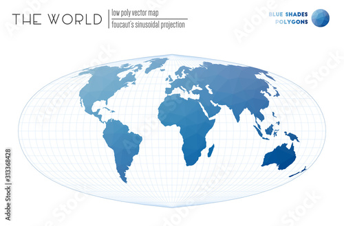 World map with vibrant triangles. Foucaut's sinusoidal projection of the world. Blue Shades colored polygons. Energetic vector illustration.
