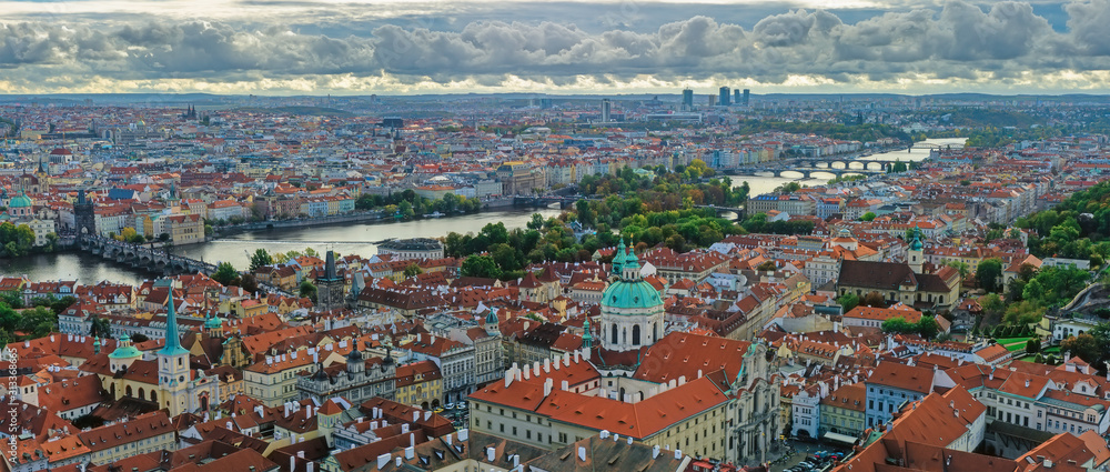 Autumn panoramic view of the historical part of Prague