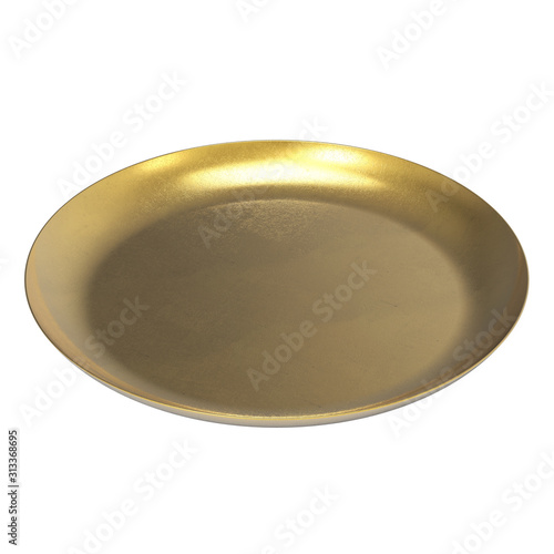 Empty Golden Dish Isolated on White Background. Realistic 3D Render.