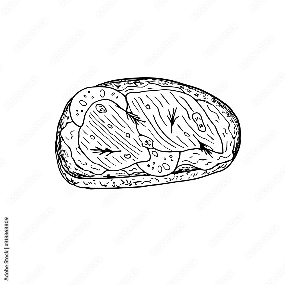 Sandwich. Hand drawn vector illustration. Monochrome black and white ink sketch. Line art. Isolated on white background. Coloring page. Sandwich. Hand drawn vector illustration. Monochrome black and white ink sketch. Line art. Isolated on white background. Coloring page.