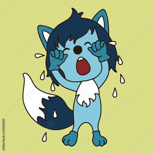 emoticon with a crying wolf with blue wool, from the eyes of which tears sprinkle, vector color clip art