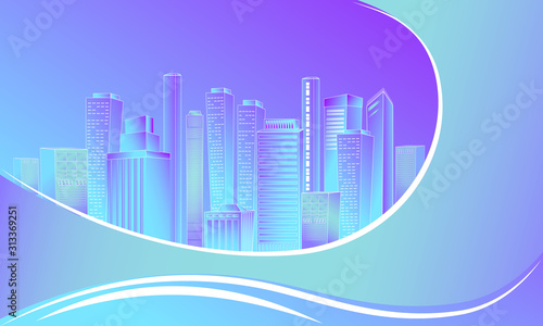Skyline neon blue  abstract city vector background  space for text or headline. 