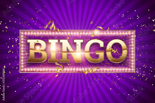 Creative background, bingo lettering in gold letters on a purple background. Concept win, casino, idea, luck, lotto. 3D illustration, 3D rendering.