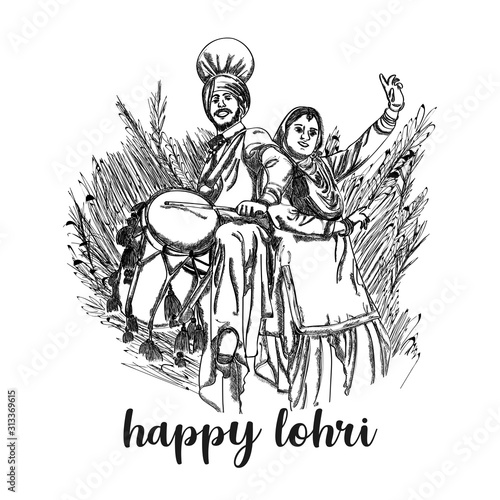 Vector illustration of punjabi couple dancing bhangra with dhol on the punjabi festival Happy lohri.