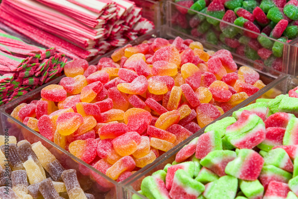 Assorted gummy candies. Top view. Jelly sweets. Assorted gummy candies. Top view. Jelly sweets.