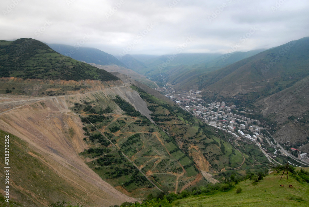 View at Kajaran town and Zangezur Mountain Range from Meghri Pass. Syunik Region, Armenia.