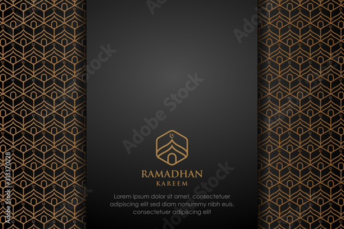 Greeting invitation with islamic pattern. Vector background, hexagon logo use mosque concept. gold and black color. ramadhan kareem,