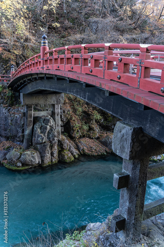 Day scene of Shinkyo bridge over Daiwa river at Nikko, Tochigi Prefecture, Japan photo