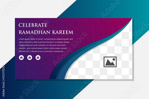 Fototapeta Naklejka Na Ścianę i Meble -  Muslim abstract greeting banner. Islamic vector illustration at mosque. purple color background. Ramadan Kareem in translation Generous Ramadan. place for photo.