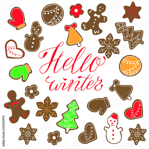 Hello winter handwritten calligraphy title with traditional christmas decorated gingerbread icons. Color on white background