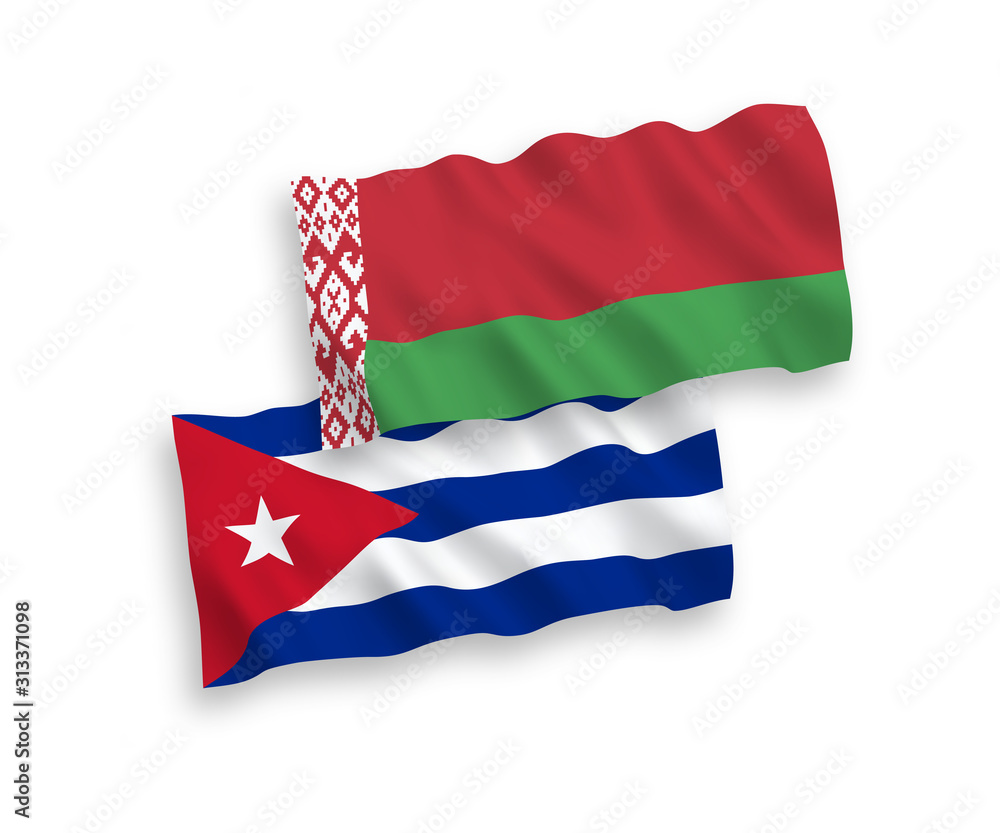 National vector fabric wave flags of Cuba and Belarus isolated on white background. 1 to 2 proportion.