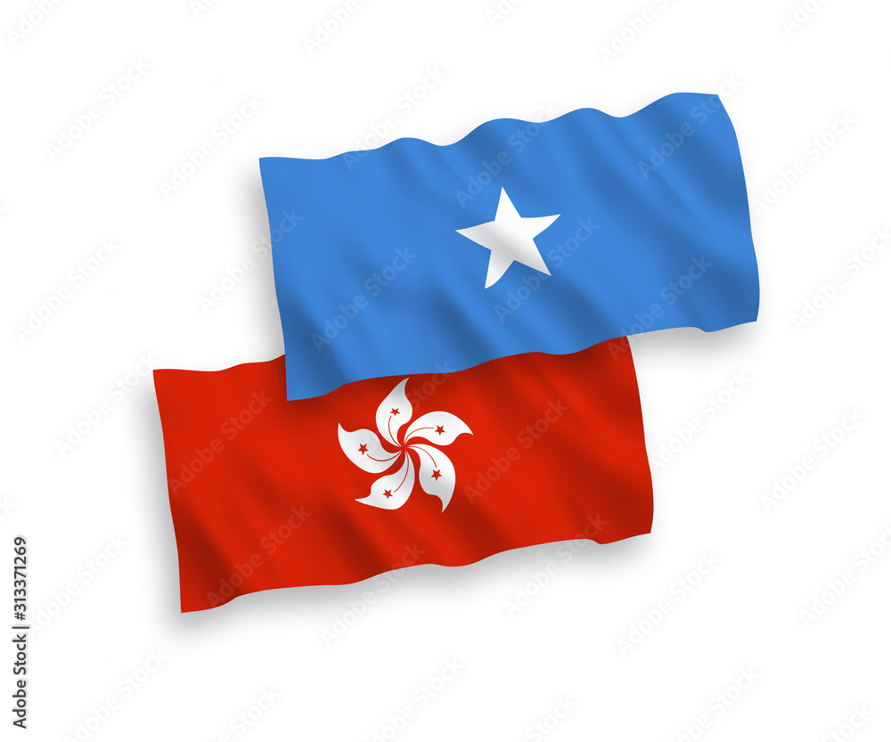 National vector fabric wave flags of Somalia and Hong Kong isolated on white background. 1 to 2 proportion. National vector fabric wave flags of Somalia and Hong Kong isolated on white background. 1 to 2 proportion.