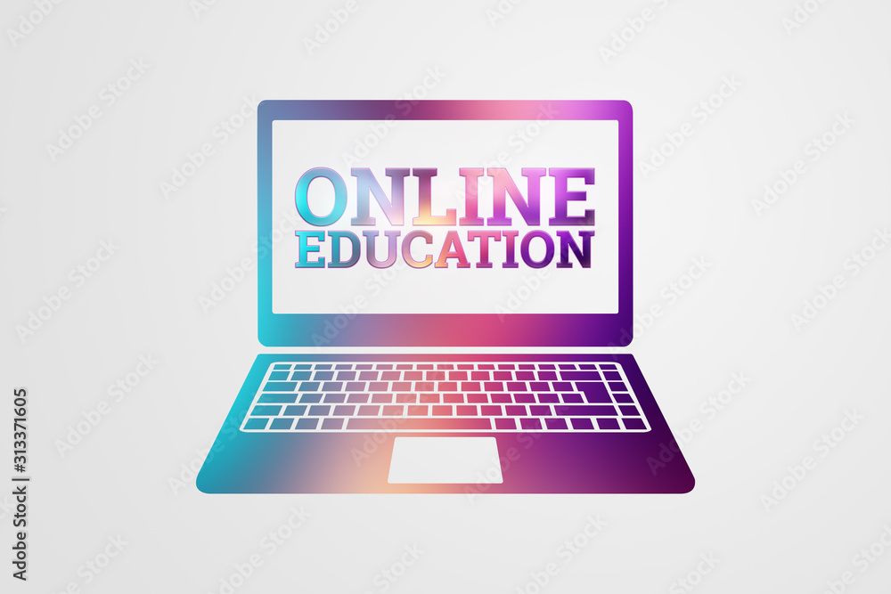 The inscription Online Education is colored on the background of a laptop icon on a light background. Technology concept, alternative knowledge acquisition, online training. The inscription Online Education is colored on the background of a laptop icon on a light background. Technology concept, alternative knowledge acquisition, online training.