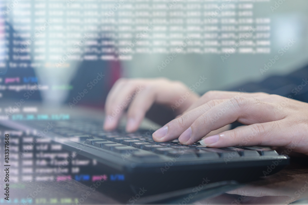 close up computer programmer man hand typing configuration on keyboard ...