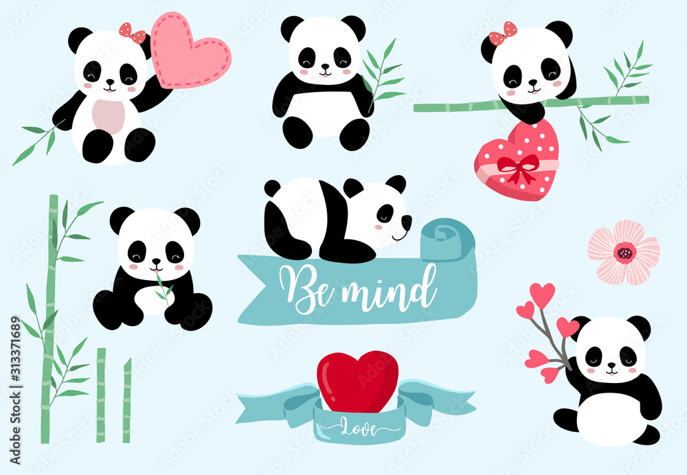 Simple white panda character with heart.Vector illustration character doodle cartoon