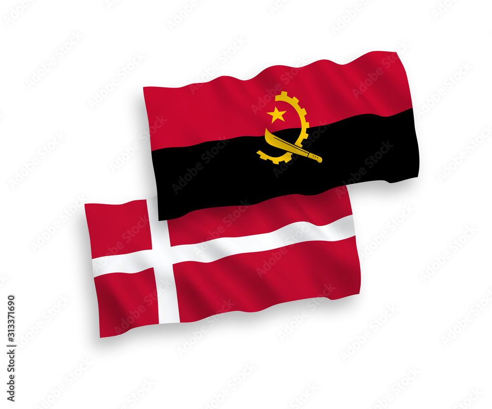 National vector fabric wave flags of Denmark and Angola isolated on white background. 1 to 2 proportion. National vector fabric wave flags of Denmark and Angola isolated on white background. 1 to 2 proportion.