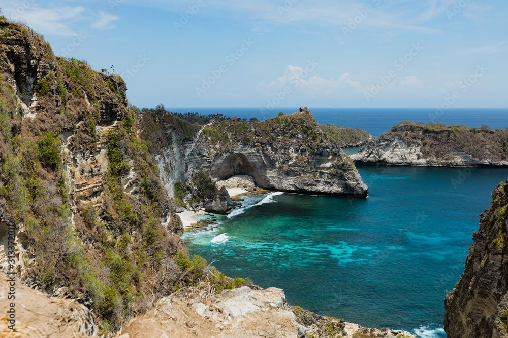 BALI, INDONESIA - DECEMBER 19, 2019: The view at Diamond beach from the cliff