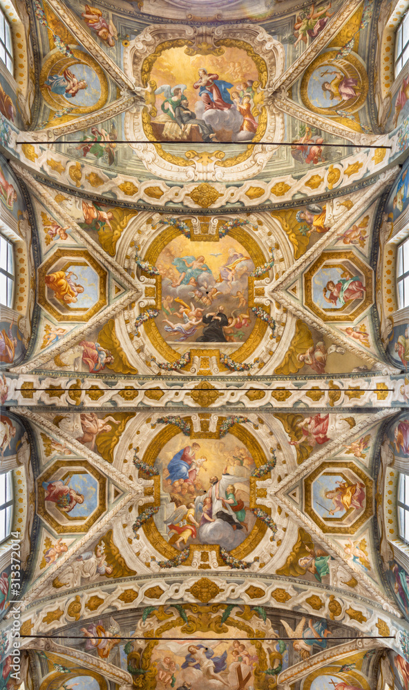 PARMA, ITALY - APRIL 15, 2018: The ceiling frescoes from life of Saint Cajetan - Gaetano di Thiene founder of Theatines in church Chiesa di Santa Cristina by Filippo Maria Galletti (1636-1714).