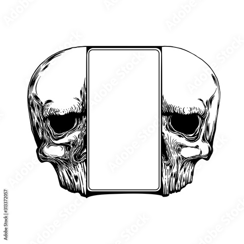 Anatomic Skull Vector Art. Detailed hand-drawn illustration of skull with open mouth. Grunge weathered illustration. Vector art. tattoo design. border template.