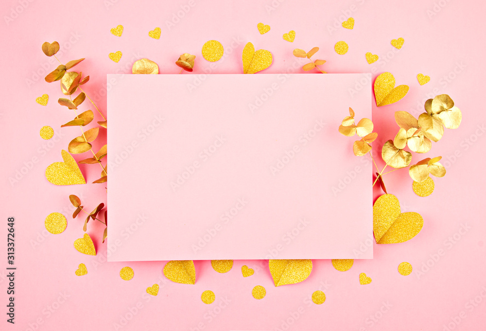 Paper pink background with hearts. Abstract backdrop with paper cut shapes. Love, Saint Valentine, mothers day, birthday greeting cards, invitation concept