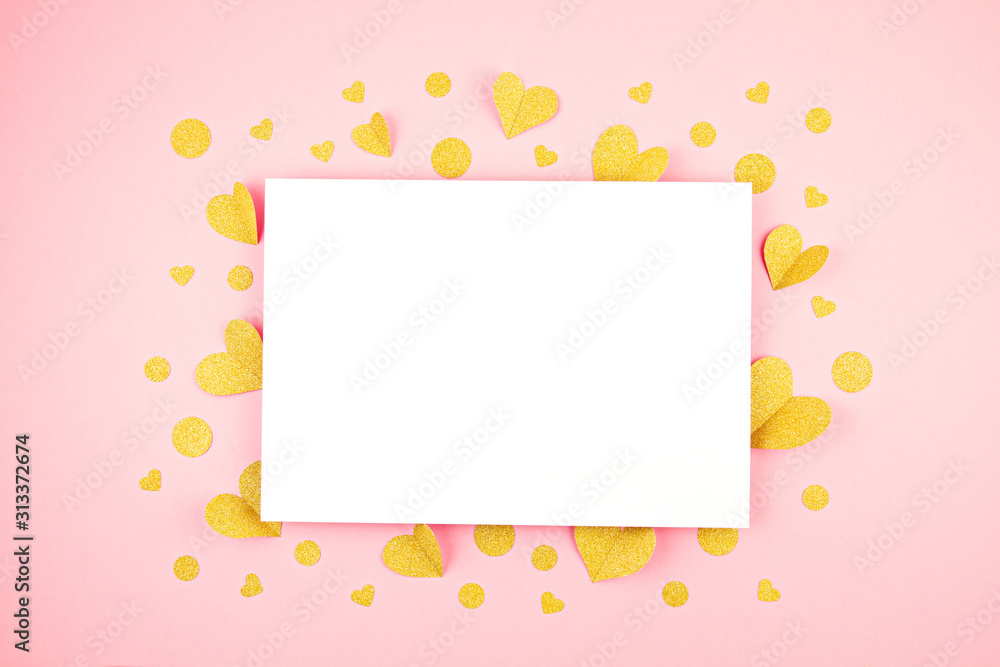 Paper pink background with hearts. Abstract backdrop with paper cut shapes. Love, Saint Valentine, mothers day, birthday greeting cards, invitation concept