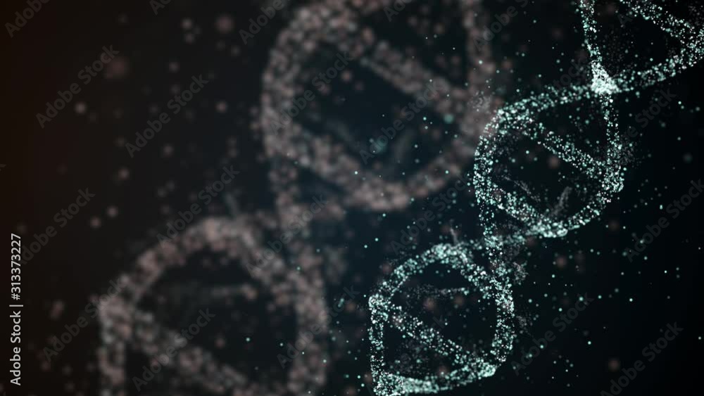 DNA helix strand made of particles with amino acid floating around on dark background. DNA helix strand made of particles with amino acid floating around on dark background.