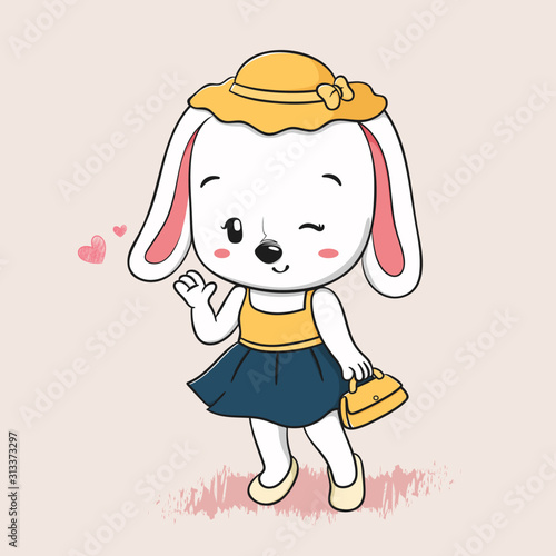 Cute rabbit girl cartoon hand drawn vecter illustration. Use for Happy birthday invitation card, T-shirt print, baby shower.