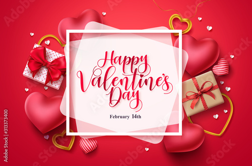 Happy valentines day vector background template. Valentines greeting typography in white space for text with hearts, gifts, and jewelry elements. Vector Illustration