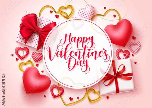 Valentines day vector template background. Happy valentines day greeting typography in white circle space for text  with hearts, gifts, and jewelry elements. Vector Illustration