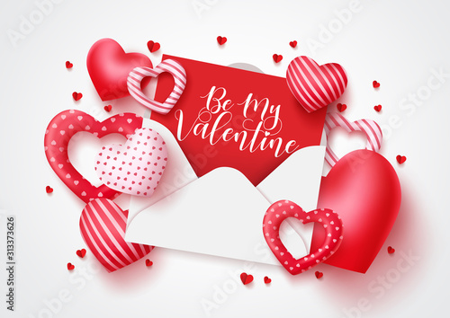 Be my valentine vector greeting card design for valentines day with loveletter and different heart shapes elements in white background. Vector illustration. 