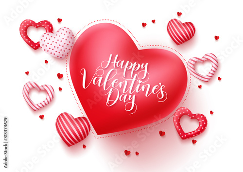 Happy valentines day vector heart banner. Valentines greeting typography in red heart shape for text with different hearts elements pattern in white background. Vector Illustration 