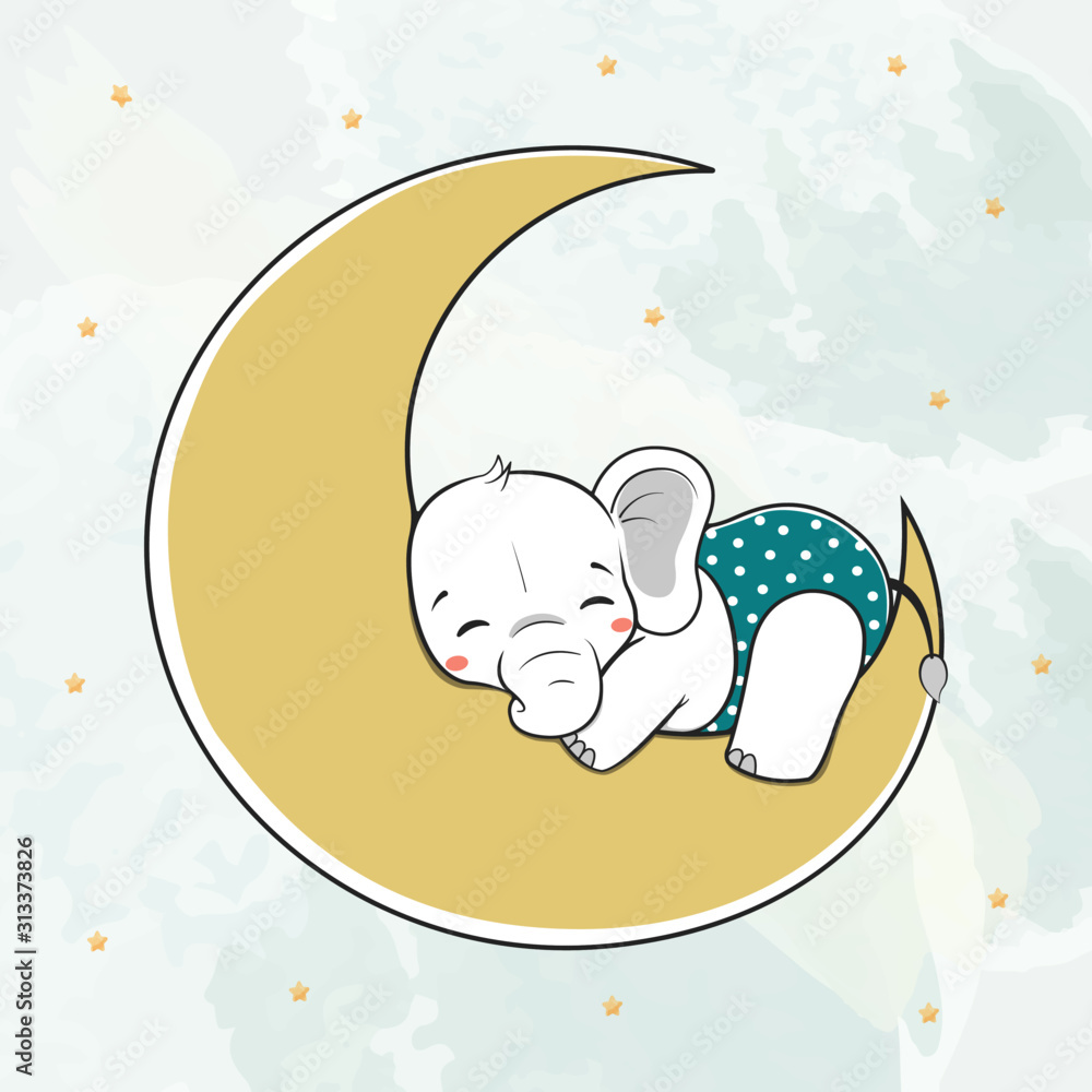 Cute baby elephant sleep on the moon water color cartoon hand drawn ...