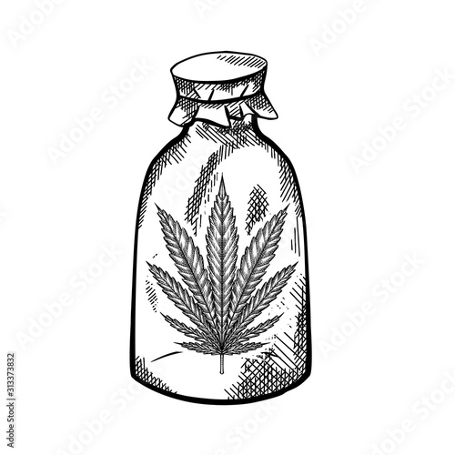 Natural herbal medicine. Glass bottle with a leaf of marijuana. Black and white sketch with a hatch. Engraving vector object for articles, banners and your design.