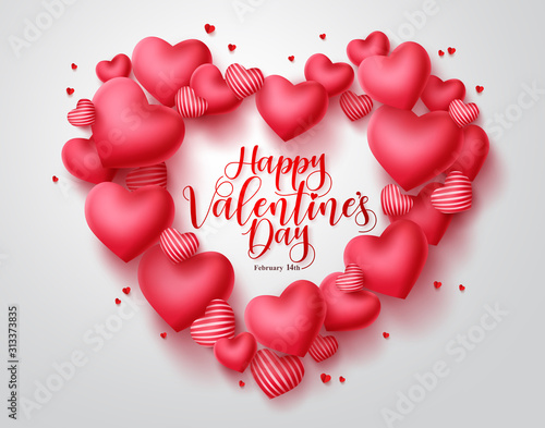 Valentines hearts vector background. Happy valentines day greeting typography in red heart shape space for text with hearts elements in white background. Vector illustration.