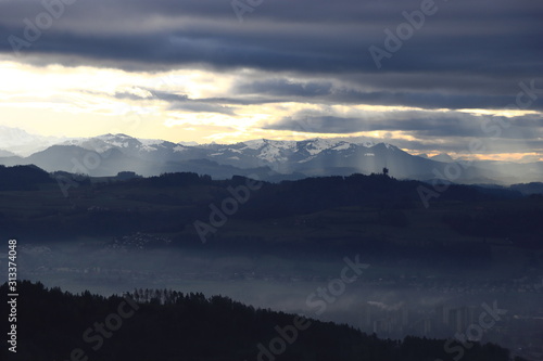 City of Bern in the fog. Gurten and Gantrisch mountain in the background. © Ivan