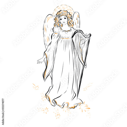 Christmas angel line drawing, graphic religion icon, human with wings, can be flyer, black and white texture for card, banner or poster design, print for decor paper or clothes. 