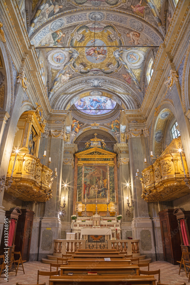 PARMA, ITALY - APRIL 17, 2018: The nave of baroque church Chiesa di Santa Lucia with the frescoes by Alessandro Baratta from 17. cent.